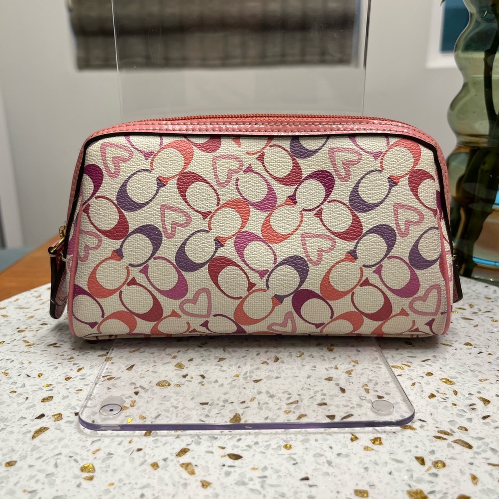 Coach Pink and Purple Heart Signature Print Cosmetic Bag